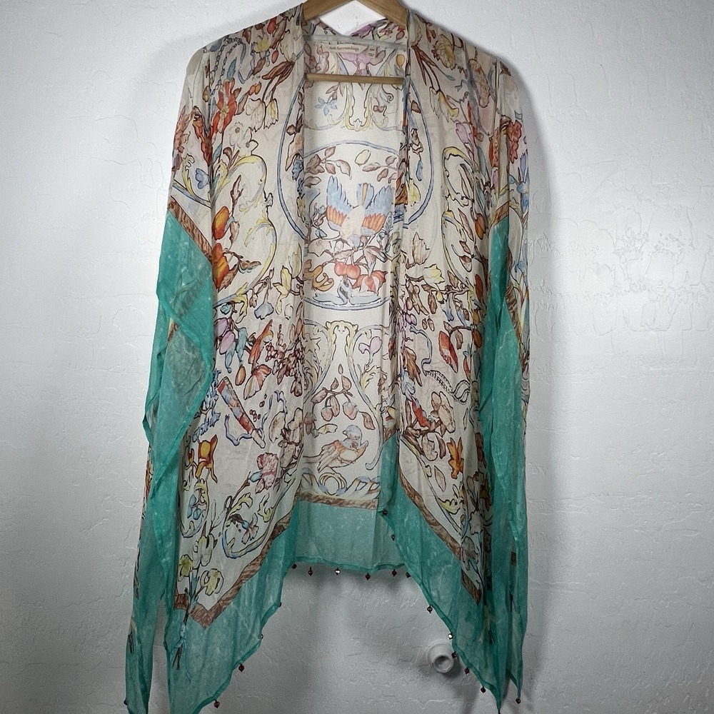 Soft Surroundings Floral Bird Print Sheer Kimono Caftan Cover Up Teal Beaded S M